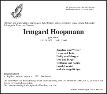 Traueranzeige von Irmgard Hoopmann von KREISZEITUNG SYKE