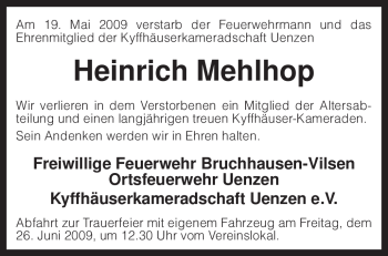 Traueranzeige von Heinrich Mehlhop von KREISZEITUNG SYKE