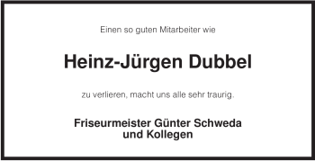 Traueranzeige von Heinz-Jürgen Dubbel von KREISZEITUNG SYKE