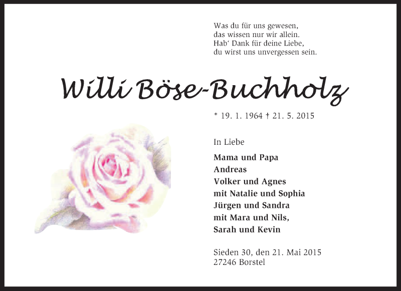  Traueranzeige für Willi Böse-Buchholz vom 27.05.2015 aus KRZ