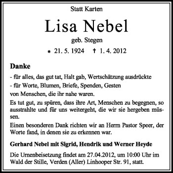 Traueranzeige von Lisa Nebel von KREISZEITUNG SYKE