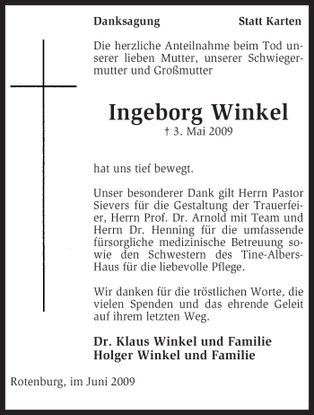 Traueranzeige von Ingeborg Winkel von KREISZEITUNG SYKE