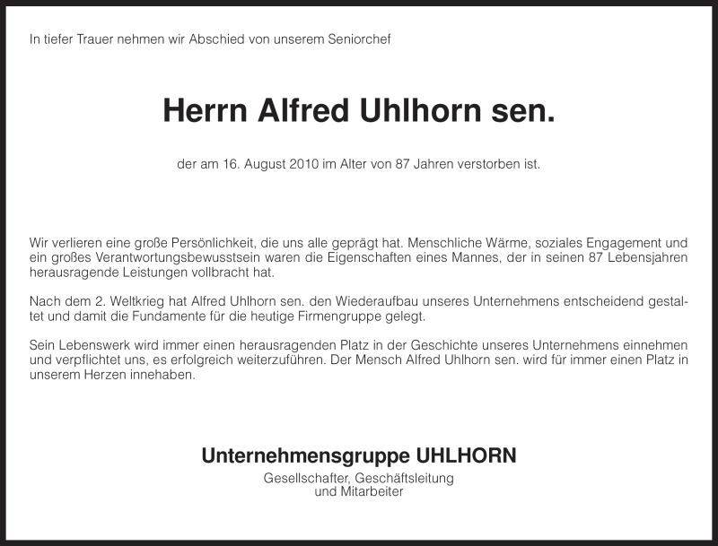  Traueranzeige für Alfred Uhlhorn vom 18.08.2010 aus KREISZEITUNG SYKE