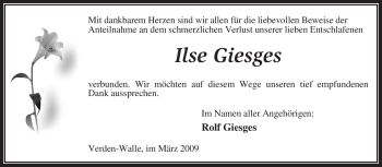 Traueranzeige von Ilse Giesges von KREISZEITUNG SYKE