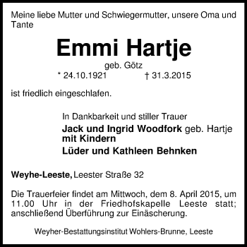 Traueranzeige von Emmi Hartje von KRZ