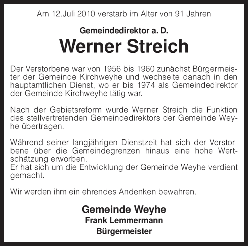  Traueranzeige für Werner Streich vom 15.07.2010 aus KREISZEITUNG SYKE