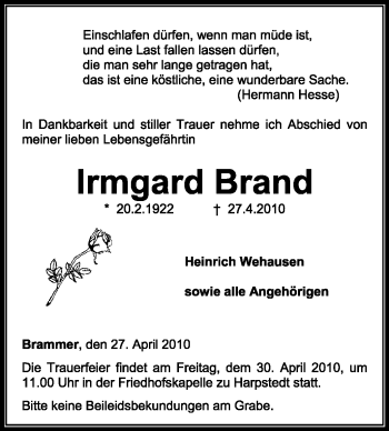 Traueranzeige von Irmgard Brand von KREISZEITUNG SYKE