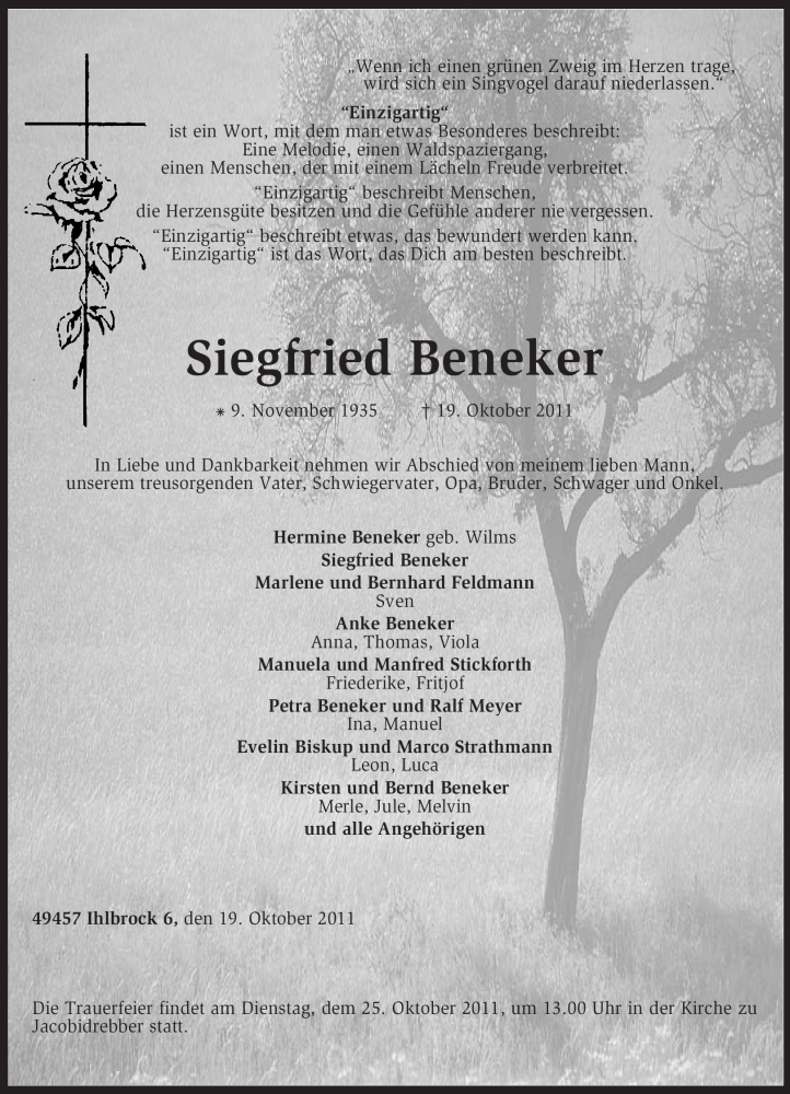  Traueranzeige für Siegfried Beneker vom 22.10.2011 aus KREISZEITUNG SYKE