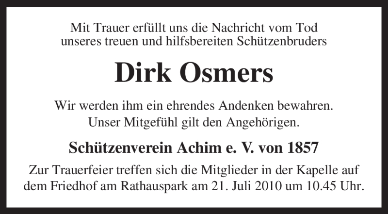  Traueranzeige für Dirk Osmers vom 16.07.2010 aus KREISZEITUNG SYKE