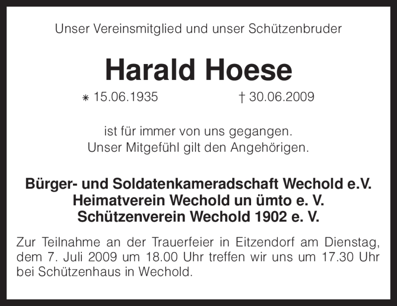  Traueranzeige für Harald Hoese vom 04.07.2009 aus KREISZEITUNG SYKE