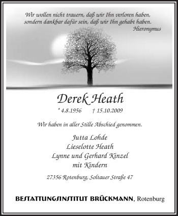 Traueranzeige von Derek Heath von KREISZEITUNG SYKE