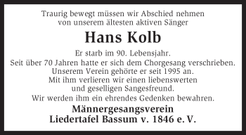 Traueranzeige von Hans Kolb von KREISZEITUNG SYKE