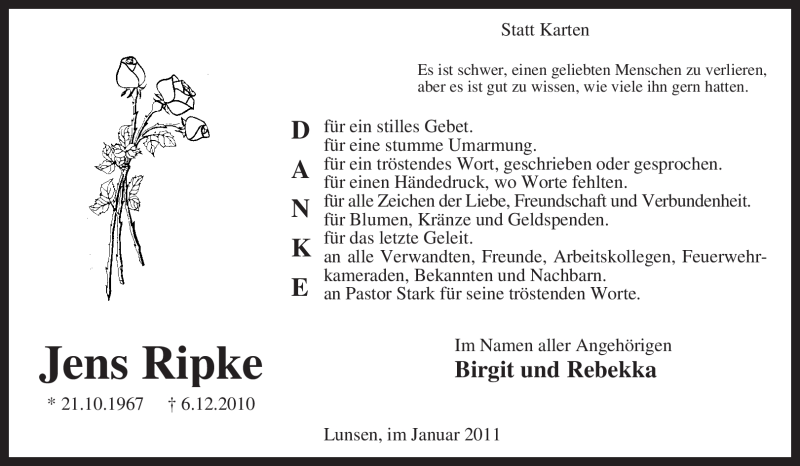  Traueranzeige für Jens Ripke vom 15.01.2011 aus KREISZEITUNG SYKE