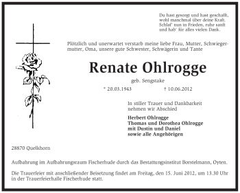 Traueranzeige von Renate Ohlrogge von KREISZEITUNG SYKE