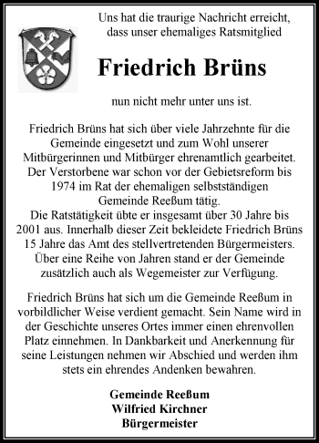 Traueranzeige von Friedrich Brüns von KRZ