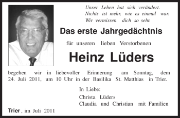 Traueranzeige von Heinz Lüders von KREISZEITUNG SYKE