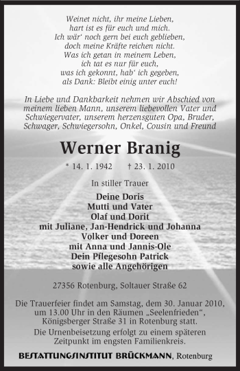 Traueranzeige von Werner Branig von KREISZEITUNG SYKE