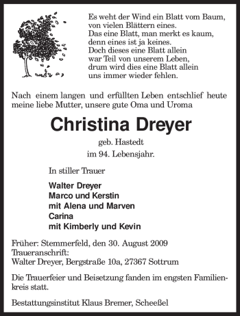 Traueranzeige von Christina Dreyer von KREISZEITUNG SYKE