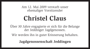 Traueranzeige von Christel Claus von KREISZEITUNG SYKE