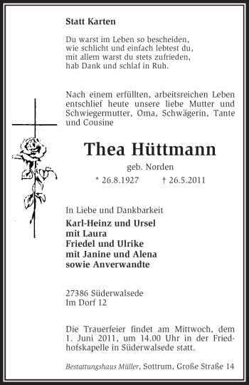 Traueranzeige von Thea Hüttmann von KREISZEITUNG SYKE