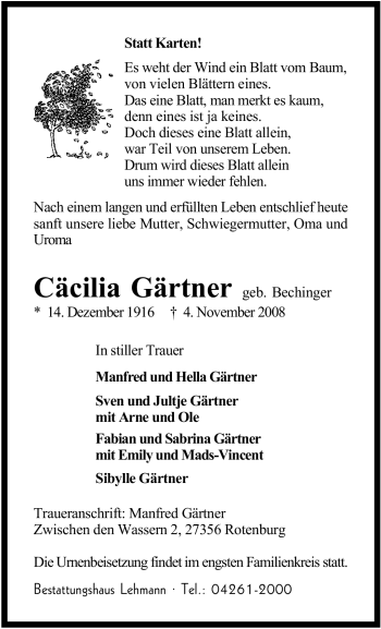 Traueranzeige von Cäcilia Gärtner von KREISZEITUNG SYKE