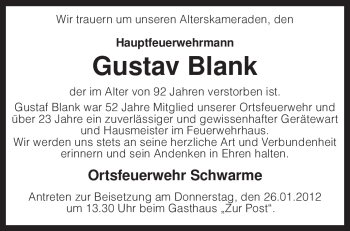 Traueranzeige von Gustav Blank von KREISZEITUNG SYKE