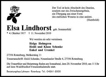 Traueranzeige von Elsa Lindhorst von KREISZEITUNG SYKE