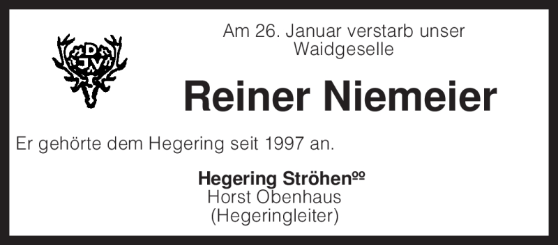  Traueranzeige für Reiner Niemeier vom 29.01.2011 aus KREISZEITUNG SYKE