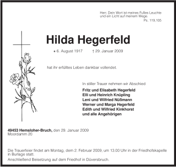 Traueranzeige von Hilda Hegerfeld von KREISZEITUNG SYKE