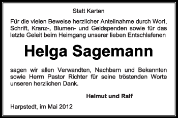 Traueranzeige von Helga Sagemann von KREISZEITUNG SYKE