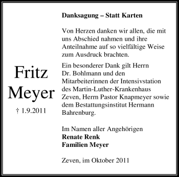 Traueranzeige von Fritz Meyer von KREISZEITUNG SYKE