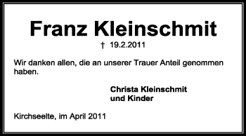 Traueranzeige von Franz Kleinschmit von KREISZEITUNG SYKE