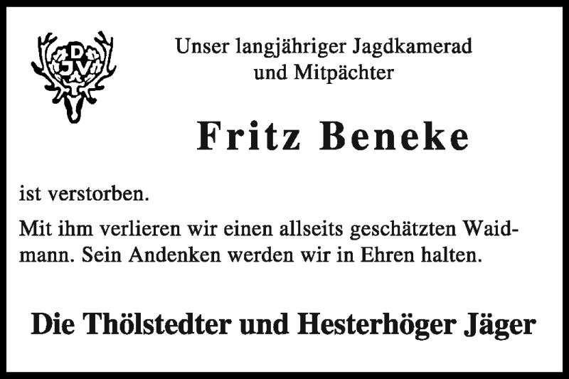  Traueranzeige für Fritz Beneke vom 24.12.2010 aus KREISZEITUNG SYKE