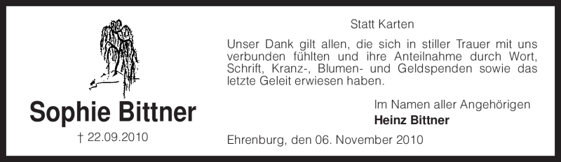  Traueranzeige für Sophie Bittner vom 06.11.2010 aus KREISZEITUNG SYKE