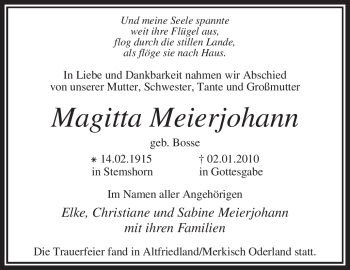 Traueranzeige von Magitta Meierjohann von KREISZEITUNG SYKE