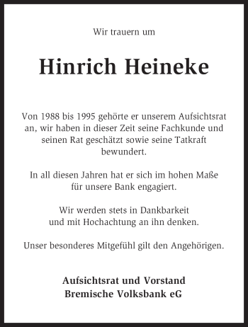 Traueranzeige von Hinrich Heineke von KREISZEITUNG SYKE