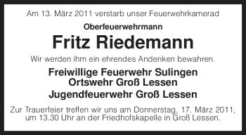 Traueranzeige von Fritz Riedemann von KREISZEITUNG SYKE