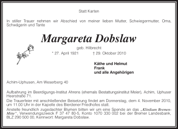 Traueranzeige von Margareta Dobslaw von KREISZEITUNG SYKE