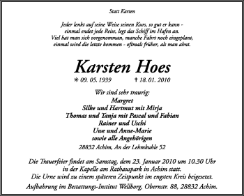 Traueranzeige von Karsten Hoes von KREISZEITUNG SYKE