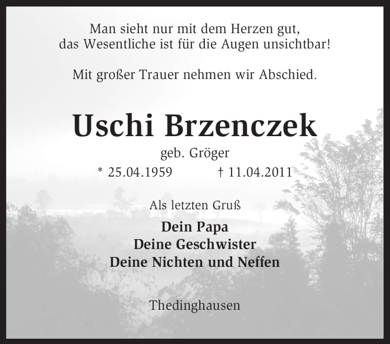  Traueranzeige für Uschi Brzenczek vom 19.04.2011 aus KREISZEITUNG SYKE
