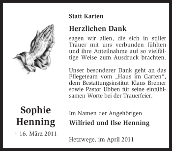 Traueranzeige von Sophie Henning von KREISZEITUNG SYKE