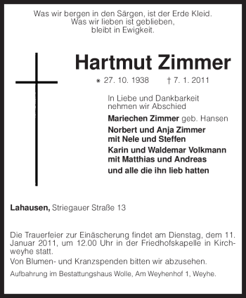 Traueranzeige von Hartmut Zimmer von KREISZEITUNG SYKE