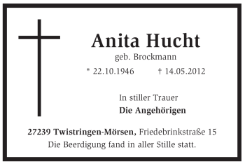 Traueranzeige von Anita Hucht von KREISZEITUNG SYKE