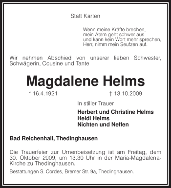 Traueranzeige von Magdalene Helms von KREISZEITUNG SYKE