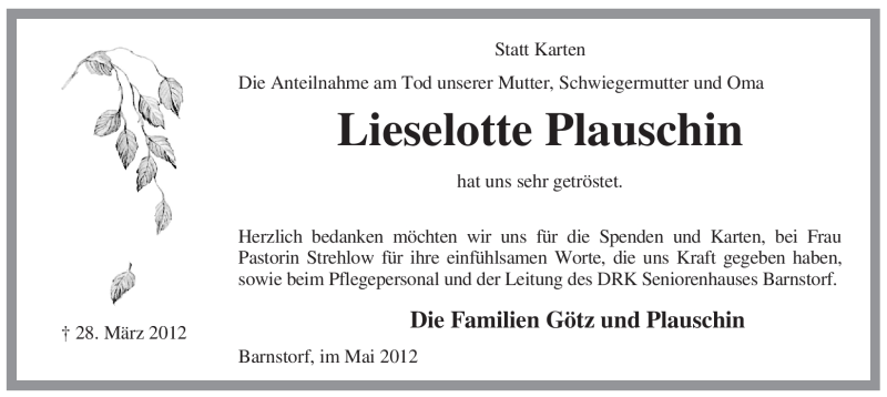  Traueranzeige für Lieselotte Plauschin vom 14.05.2012 aus KREISZEITUNG SYKE
