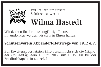 Traueranzeige von Wilma Hastedt von KREISZEITUNG SYKE