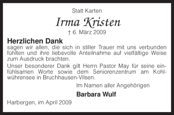 Traueranzeige von Irma Kristen von KREISZEITUNG SYKE