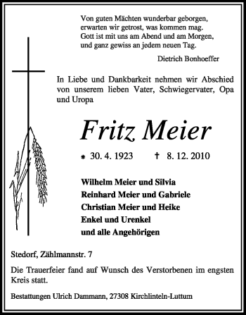 Traueranzeige von Fritz Meier von KREISZEITUNG SYKE