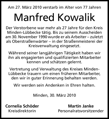 Traueranzeige von Manfred Kowalik von KREISZEITUNG SYKE