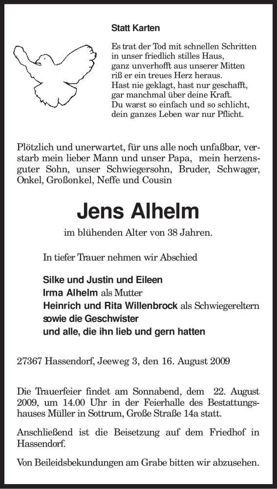 Traueranzeige für Jens Alhelm vom 19.08.2009 aus KREISZEITUNG SYKE